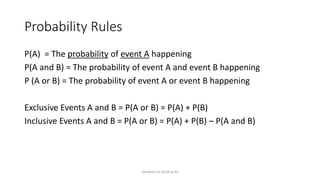 Probability Rules
P(A) = The probability of event A happening
P(A and B) = The probability of event A and event B happening
P (A or B) = The probability of event A or event B happening
Exclusive Events A and B = P(A or B) = P(A) + P(B)
Inclusive Events A and B = P(A or B) = P(A) + P(B) – P(A and B)
Venkata Sai Krishna M
 