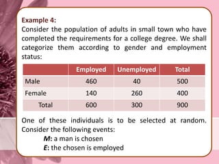 Example 4:
Consider the population of adults in small town who have
completed the requirements for a college degree. We shall
categorize them according to gender and employment
status:
One of these individuals is to be selected at random.
Consider the following events:
M: a man is chosen
E: the chosen is employed
Employed Unemployed Total
Male 460 40 500
Female 140 260 400
Total 600 300 900
 