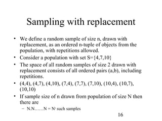 16
Sampling with replacement
• We define a random sample of size n, drawn with
replacement, as an ordered n-tuple of objects from the
population, with repetitions allowed.
• Consider a population with set S={4,7,10}
• The space of all random samples of size 2 drawn with
replacement consists of all ordered pairs (a,b), including
repetitions.
• (4,4), (4,7), (4,10), (7,4), (7,7), (7,10), (10,4), (10,7),
(10,10)
• If sample size of n drawn from population of size N then
there are
– N.N……N = Nn
such samples
 
