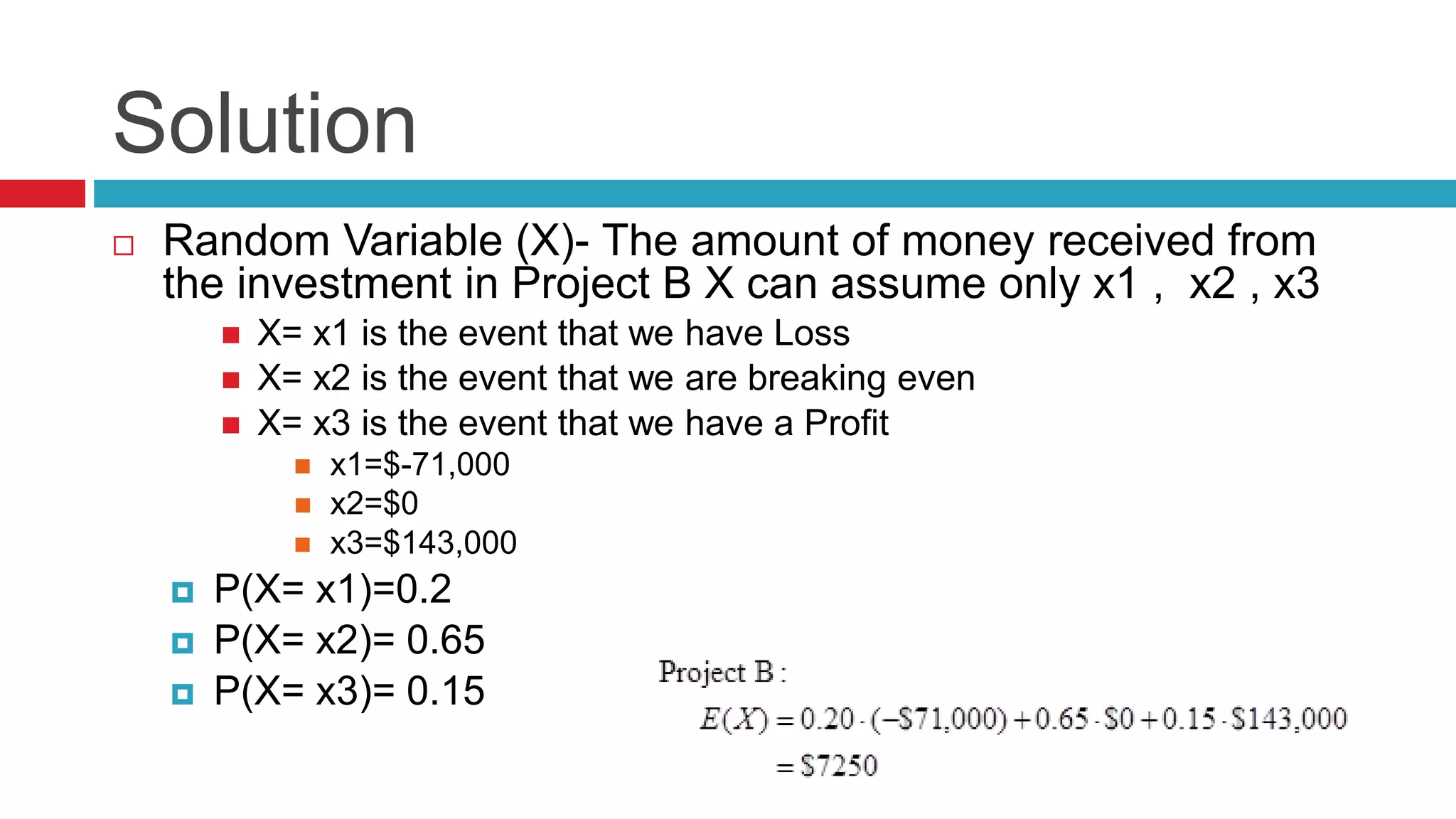 Solution 
 Random Variable (X)- The amount of money received from 
the investment in Project B X can assume only x1 , x2 , x3 
 X= x1 is the event that we have Loss 
 X= x2 is the event that we are breaking even 
 X= x3 is the event that we have a Profit 
 x1=$-71,000 
 x2=$0 
 x3=$143,000 
 P(X= x1)=0.2 
 P(X= x2)= 0.65 
 P(X= x3)= 0.15 
 