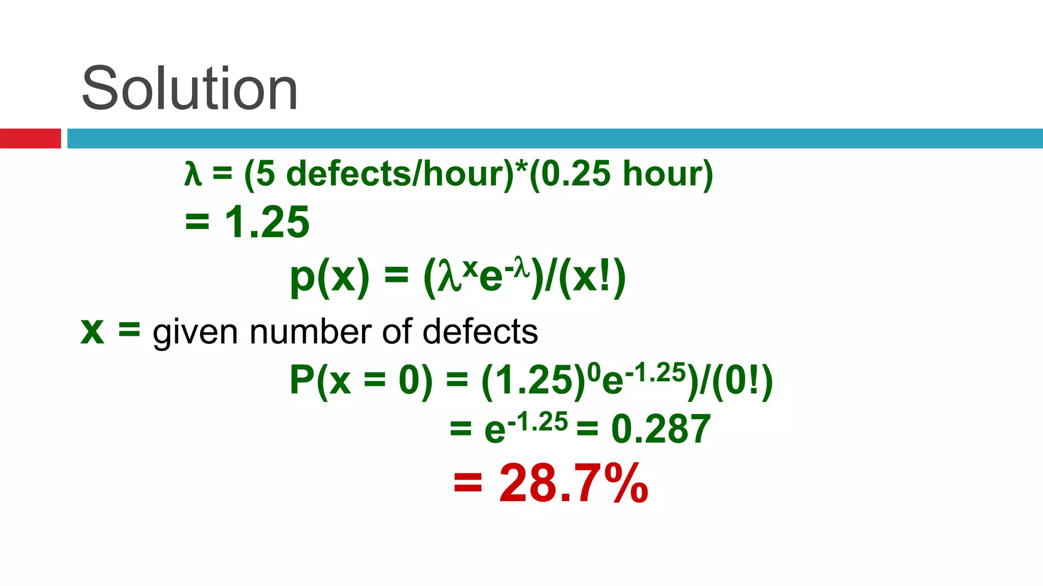 Solution 
λ = (5 defects/hour)*(0.25 hour) 
= 1.25 
p(x) = (xe-)/(x!) 
x = given number of defects 
P(x = 0) = (1.25)0e-1.25)/(0!) 
= e-1.25 = 0.287 
= 28.7% 
 