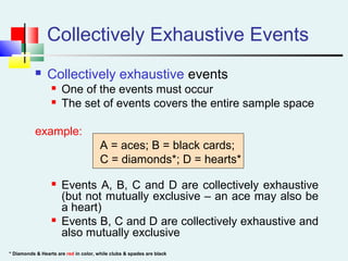 * Diamonds & Hearts are red in color, while clubs & spades are black
Collectively Exhaustive Events
 Collectively exhaustive events
 One of the events must occur
 The set of events covers the entire sample space
example:
A = aces; B = black cards;
C = diamonds*; D = hearts*
 Events A, B, C and D are collectively exhaustive
(but not mutually exclusive – an ace may also be
a heart)
 Events B, C and D are collectively exhaustive and
also mutually exclusive
 