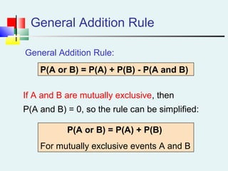 General Addition Rule
P(A or B) = P(A) + P(B) - P(A and B)
General Addition Rule:
If A and B are mutually exclusive, then
P(A and B) = 0, so the rule can be simplified:
P(A or B) = P(A) + P(B)
For mutually exclusive events A and B
 