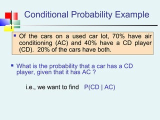  What is the probability that a car has a CD
player, given that it has AC ?
i.e., we want to find P(CD | AC)
Conditional Probability Example
 Of the cars on a used car lot, 70% have air
conditioning (AC) and 40% have a CD player
(CD). 20% of the cars have both.
 