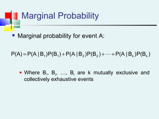 Marginal Probability
 Marginal probability for event A:
 Where B1, B2, …, Bk are k mutually exclusive and
collectively exhaustive events
)P(B)B|P(A)P(B)B|P(A)P(B)B|P(AP(A) kk2211 +++= 
 