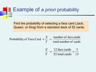 Example of a priori probability
Find the probability of selecting a face card (Jack,
Queen, or King) from a standard deck of 52 cards.
cardsofnumbertotal
cardsfaceofnumber
CardFaceofyProbabilit ==
T
X
13
3
cardstotal52
cardsface12
==
T
X
 