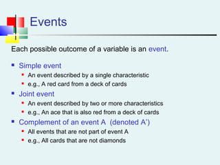 Events
Each possible outcome of a variable is an event.
 Simple event
 An event described by a single characteristic
 e.g., A red card from a deck of cards
 Joint event
 An event described by two or more characteristics
 e.g., An ace that is also red from a deck of cards
 Complement of an event A (denoted A’)
 All events that are not part of event A
 e.g., All cards that are not diamonds
 