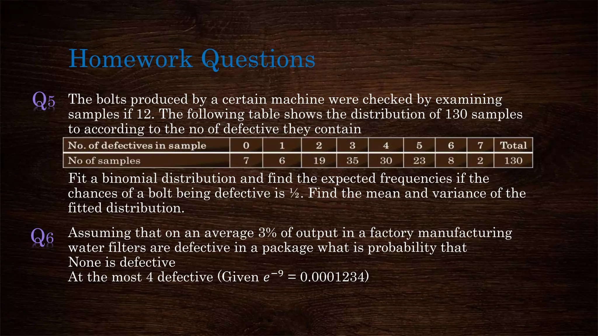 Homework Questions
The bolts produced by a certain machine were checked by examining
samples if 12. The following table shows the distribution of 130 samples
to according to the no of defective they contain
Fit a binomial distribution and find the expected frequencies if the
chances of a bolt being defective is ½. Find the mean and variance of the
fitted distribution.
Assuming that on an average 3% of output in a factory manufacturing
water filters are defective in a package what is probability that
None is defective
At the most 4 defective (Given 𝑒−9 = 0.0001234)
Q5
Q6
 
