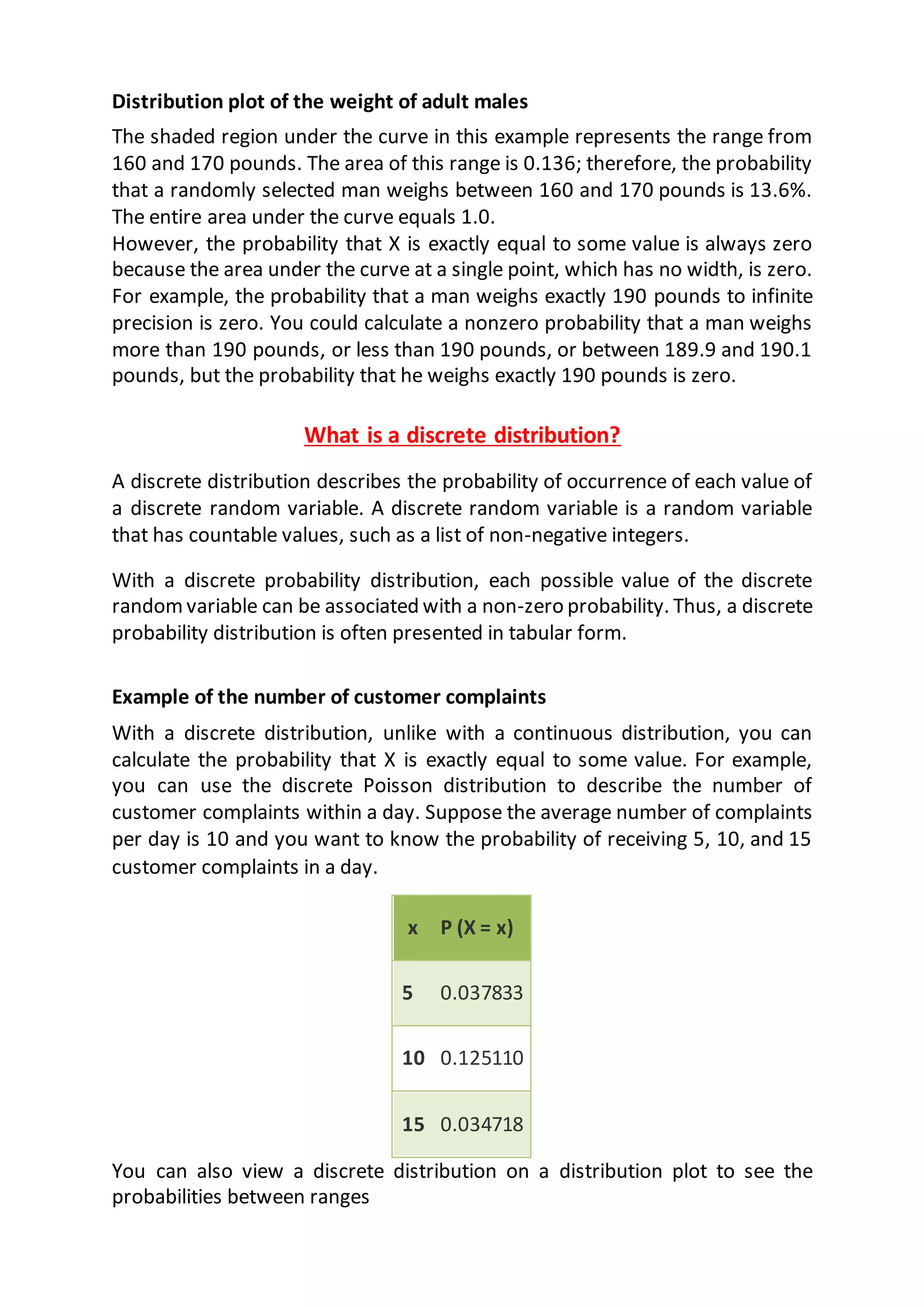 Distribution plot of the weight of adult males
The shaded region under the curve in this example represents the range from
160 and 170 pounds. The area of this range is 0.136; therefore, the probability
that a randomly selected man weighs between 160 and 170 pounds is 13.6%.
The entire area under the curve equals 1.0.
However, the probability that X is exactly equal to some value is always zero
because the area under the curve at a single point, which has no width, is zero.
For example, the probability that a man weighs exactly 190 pounds to infinite
precision is zero. You could calculate a nonzero probability that a man weighs
more than 190 pounds, or less than 190 pounds, or between 189.9 and 190.1
pounds, but the probability that he weighs exactly 190 pounds is zero.
What is a discrete distribution?
A discrete distribution describes the probability of occurrence of each value of
a discrete random variable. A discrete random variable is a random variable
that has countable values, such as a list of non-negative integers.
With a discrete probability distribution, each possible value of the discrete
random variable can be associated with a non-zero probability. Thus, a discrete
probability distribution is often presented in tabular form.
Example of the number of customer complaints
With a discrete distribution, unlike with a continuous distribution, you can
calculate the probability that X is exactly equal to some value. For example,
you can use the discrete Poisson distribution to describe the number of
customer complaints within a day. Suppose the average number of complaints
per day is 10 and you want to know the probability of receiving 5, 10, and 15
customer complaints in a day.
x P (X = x)
5 0.037833
10 0.125110
15 0.034718
You can also view a discrete distribution on a distribution plot to see the
probabilities between ranges
 