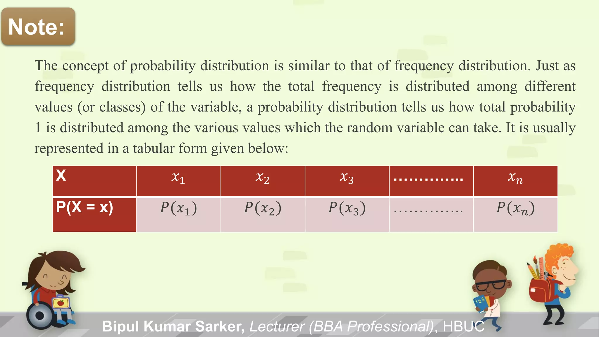 Bipul Kumar Sarker, Lecturer (BBA Professional), HBUC
Note:
The concept of probability distribution is similar to that of frequency distribution. Just as
frequency distribution tells us how the total frequency is distributed among different
values (or classes) of the variable, a probability distribution tells us how total probability
1 is distributed among the various values which the random variable can take. It is usually
represented in a tabular form given below:
X 𝑥1 𝑥2 𝑥3 ………….. 𝑥 𝑛
P(X = x) 𝑃(𝑥1) 𝑃(𝑥2) 𝑃(𝑥3) ………….. 𝑃(𝑥 𝑛)
 