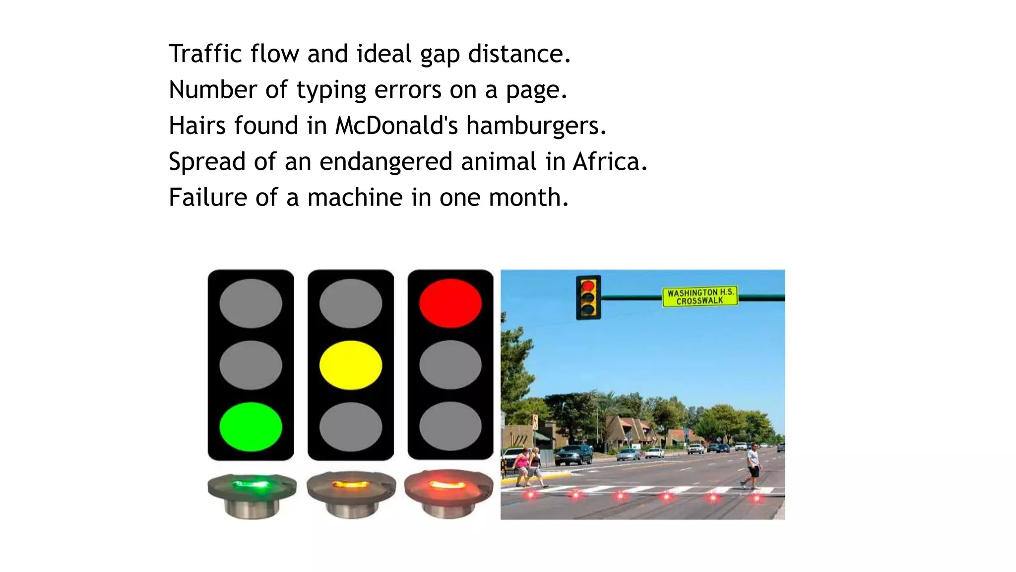 ▰ Traffic flow and ideal gap distance.
▰ Number of typing errors on a page.
▰ Hairs found in McDonald's hamburgers.
▰ Spread of an endangered animal in Africa.
▰ Failure of a machine in one month.
27
 