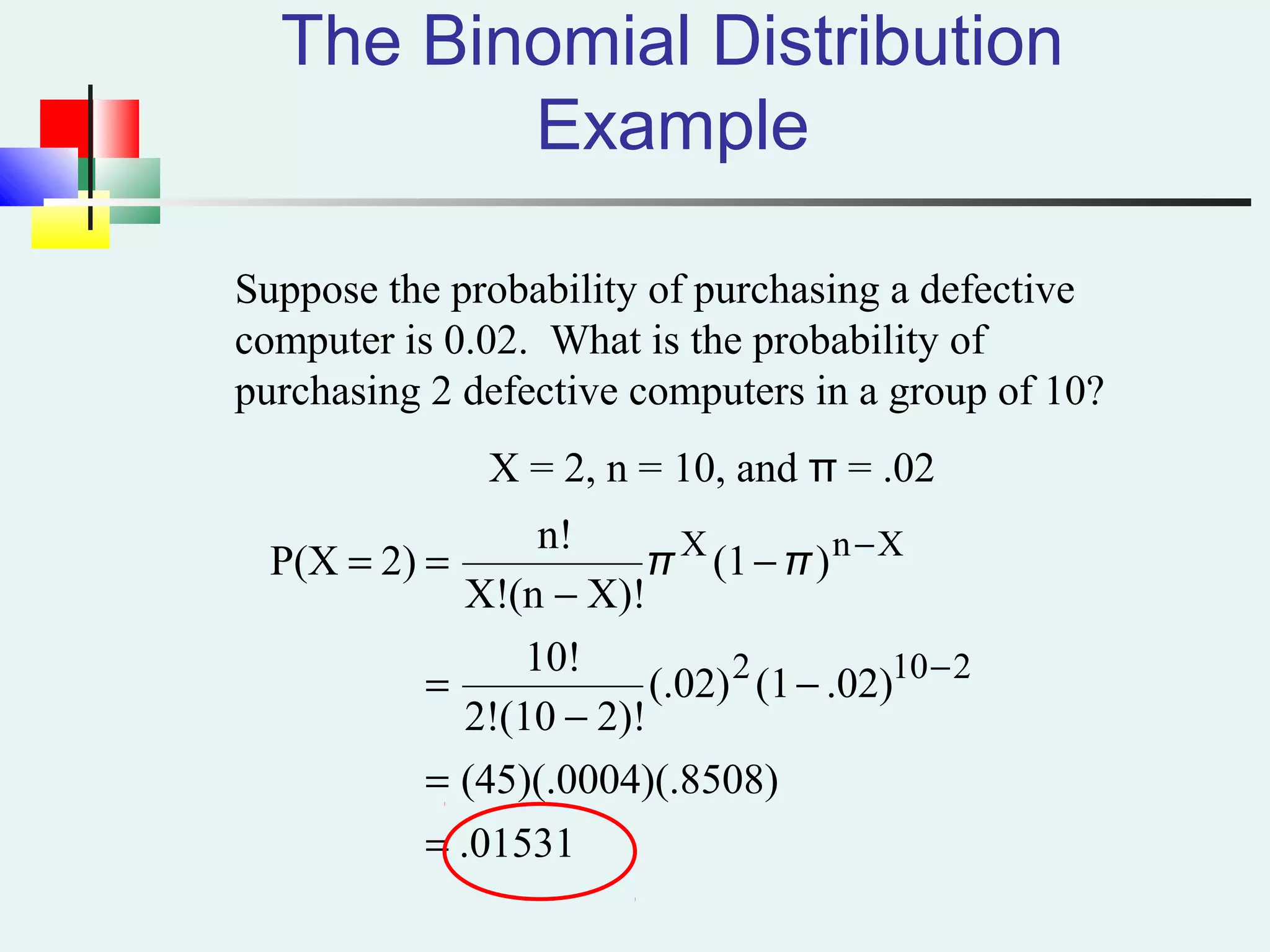 The Binomial Distribution
Example
Suppose the probability of purchasing a defective
computer is 0.02. What is the probability of
purchasing 2 defective computers in a group of 10?
X = 2, n = 10, and π = .02
.01531
)(.8508)(45)(.0004
.02)(1(.02)
2)!(102!
10!
)(1
X)!(nX!
n!
2)P(X
2102
XnX
=
=
−
−
=
−
−
==
−
−
ππ
 