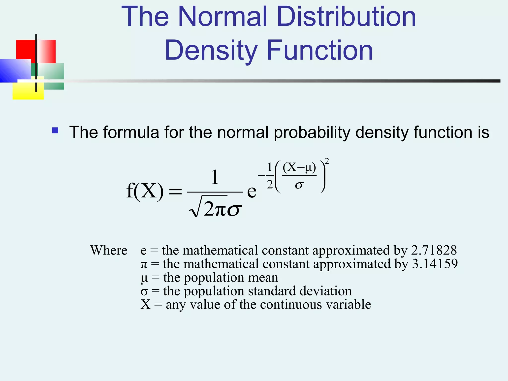 The Normal Distribution
Density Function
2
μ)(X
2
1
e
2π
1
f(X)





 −
−
= σ
σ
 The formula for the normal probability density function is
Where e = the mathematical constant approximated by 2.71828
π = the mathematical constant approximated by 3.14159
μ = the population mean
σ = the population standard deviation
X = any value of the continuous variable
 