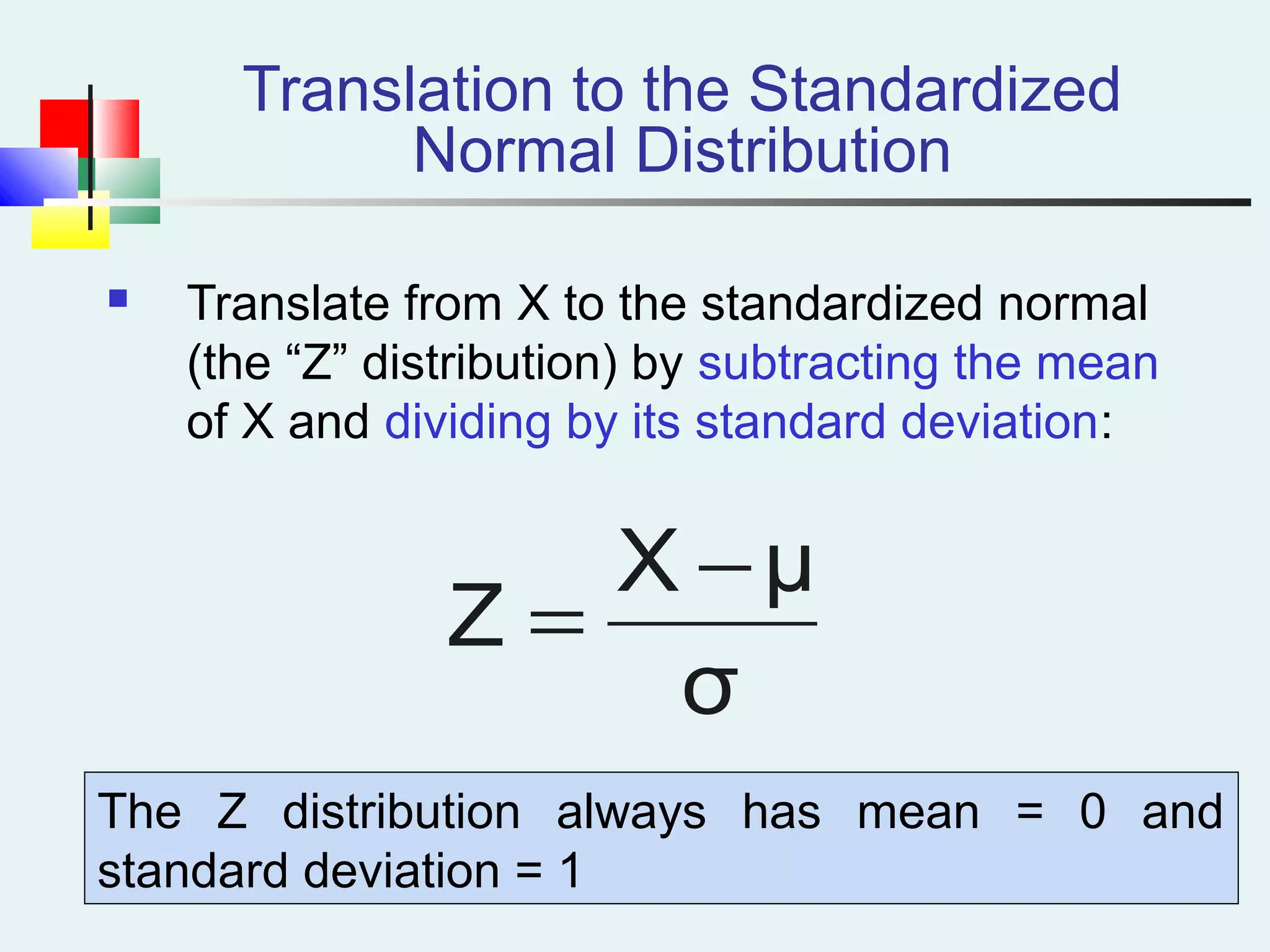 Translation to the Standardized
Normal Distribution
 Translate from X to the standardized normal
(the “Z” distribution) by subtracting the mean
of X and dividing by its standard deviation:
σ
μX
Z
−
=
The Z distribution always has mean = 0 and
standard deviation = 1
 