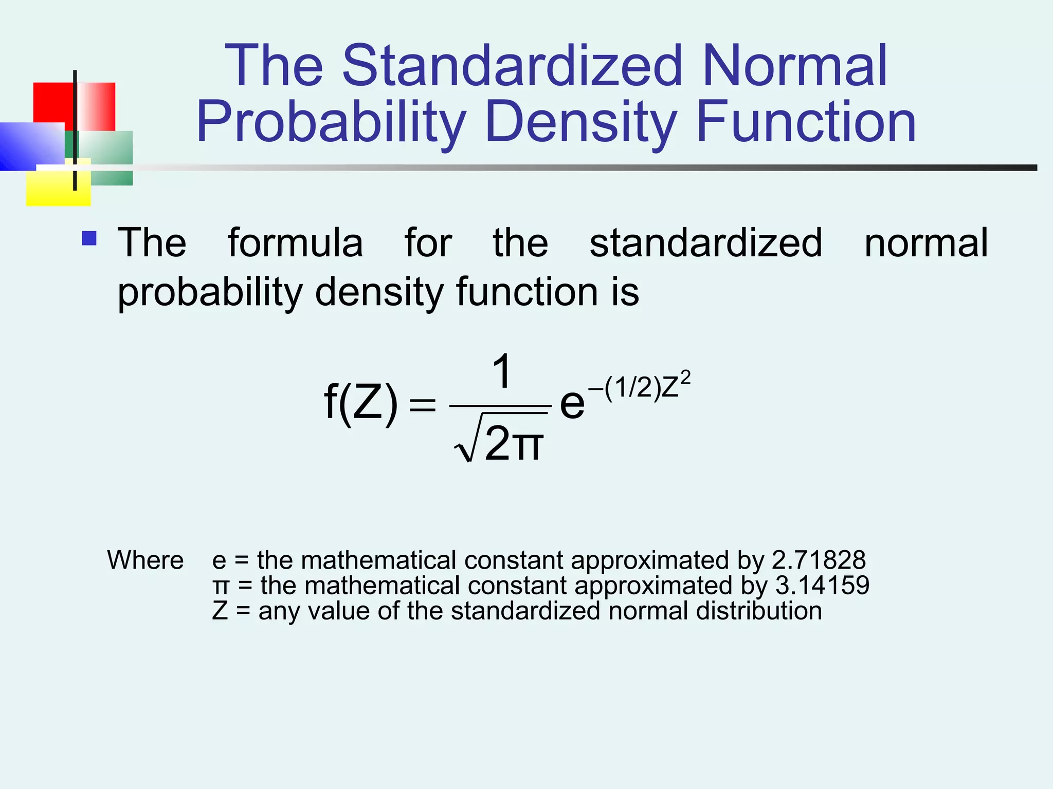 The Standardized Normal
Probability Density Function
 The formula for the standardized normal
probability density function is
Where e = the mathematical constant approximated by 2.71828
π = the mathematical constant approximated by 3.14159
Z = any value of the standardized normal distribution
2
(1/2)Z
e
2π
1
f(Z) −
=
 