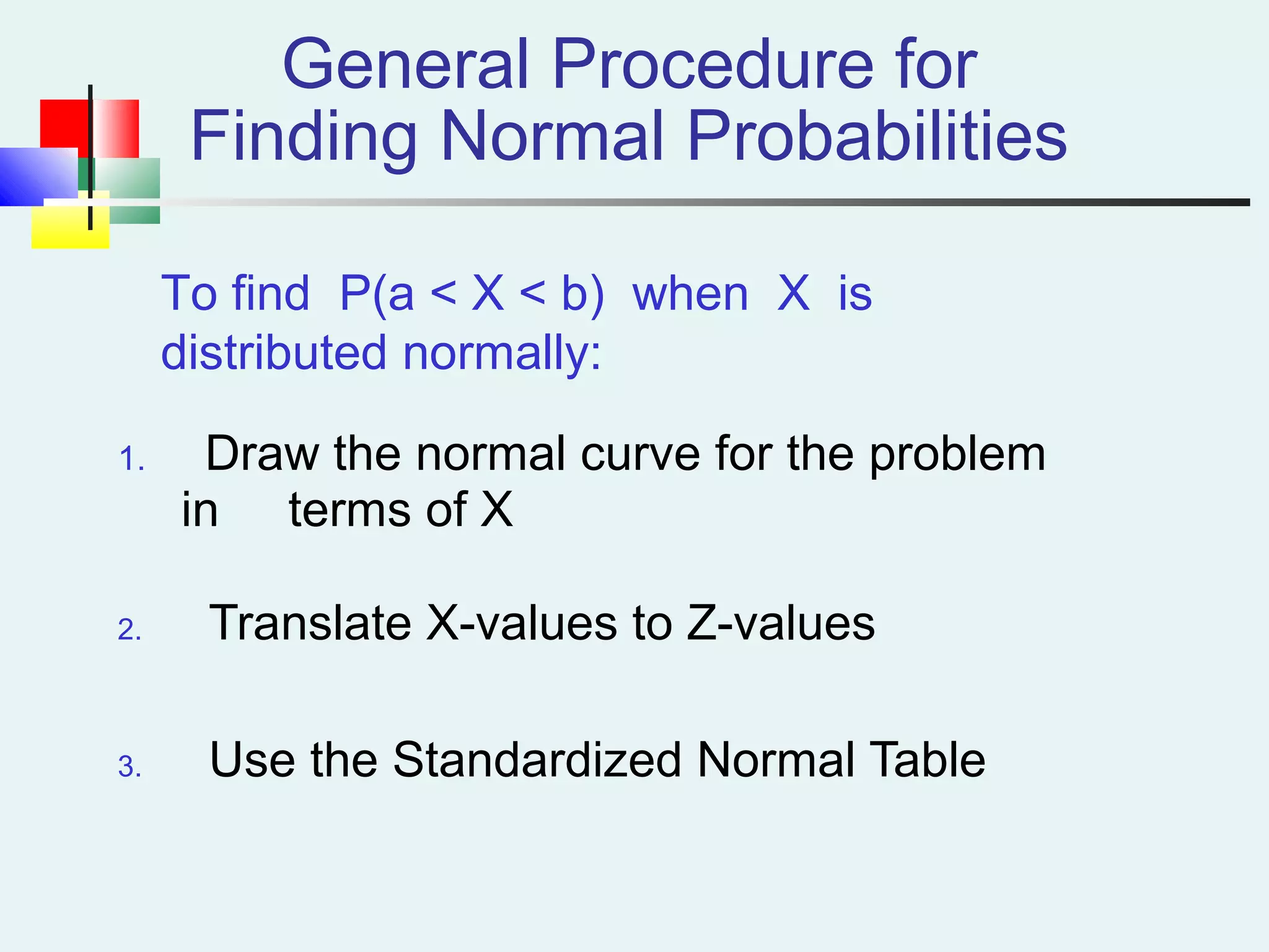 General Procedure for
Finding Normal Probabilities
1. Draw the normal curve for the problem
in terms of X
2. Translate X-values to Z-values
3. Use the Standardized Normal Table
To find P(a < X < b) when X is
distributed normally:
 