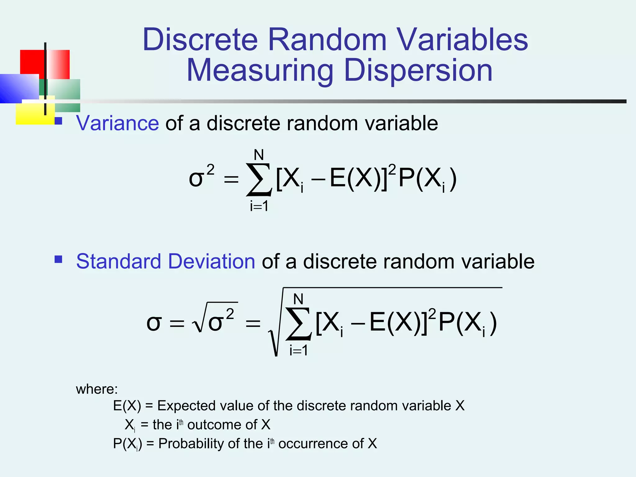  Variance of a discrete random variable
 Standard Deviation of a discrete random variable
where:
E(X) = Expected value of the discrete random variable X
Xi = the ith
outcome of X
P(Xi) = Probability of the ith
occurrence of X
Discrete Random Variables
Measuring Dispersion
∑=
−=
N
1i
i
2
i
2
)P(XE(X)][Xσ
∑=
−==
N
1i
i
2
i
2
)P(XE(X)][Xσσ
 