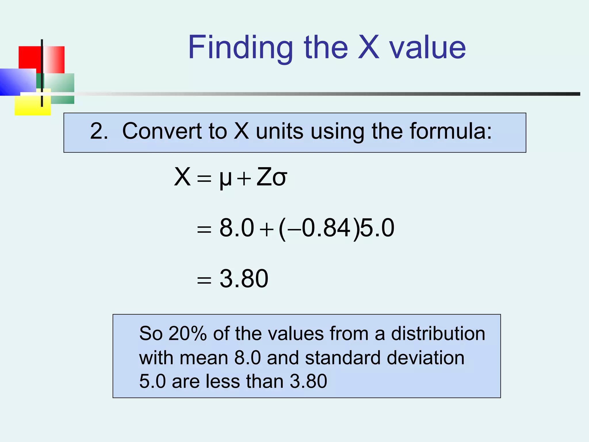 2. Convert to X units using the formula:
Finding the X value
80.3
0.5)84.0(0.8
ZσμX
=
−+=
+=
So 20% of the values from a distribution
with mean 8.0 and standard deviation
5.0 are less than 3.80
 