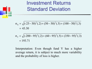 Investment Returns
Standard Deviation
43.30
(.3)50)(100(.5)50)(50(.2)50)(-25σ 222
X
=
−+−+−=
71.193
)3(.)95350()5(.)9560()2(.)95200-(σ 222
Y
=
−+−+−=
Interpretation: Even though fund Y has a higher
average return, it is subject to much more variability
and the probability of loss is higher.
 