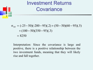 Investment Returns
Covariance
8250
95)(.3)50)(350(100
95)(.5)50)(60(5095)(.2)200-50)((-25σXY
=
−−+
−−+−−=
Interpretation: Since the covariance is large and
positive, there is a positive relationship between the
two investment funds, meaning that they will likely
rise and fall together.
 