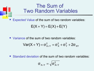 The Sum of
Two Random Variables
 Expected Value of the sum of two random variables:
 Variance of the sum of two random variables:
 Standard deviation of the sum of two random variables:
XY
2
Y
2
X
2
YX σ2σσσY)Var(X ++==+ +
)Y(E)X(EY)E(X +=+
2
YXYX σσ ++ =
 