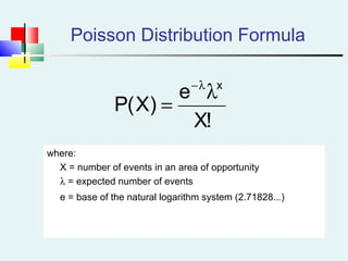 Poisson Distribution Formula
where:
X = number of events in an area of opportunity
λ = expected number of events
e = base of the natural logarithm system (2.71828...)
!X
e
)X(P
x
λ
=
λ−
 
