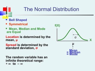 The Normal Distribution
 ‘Bell Shaped’
 Symmetrical
 Mean, Median and Mode
are Equal
Location is determined by the
mean, μ
Spread is determined by the
standard deviation, σ
The random variable has an
infinite theoretical range:
+ ∞ to − ∞
Mean
= Median
= Mode
X
f(X)
μ
σ
 