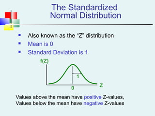 The Standardized
Normal Distribution
 Also known as the “Z” distribution
 Mean is 0
 Standard Deviation is 1
Z
f(Z)
0
1
Values above the mean have positive Z-values,
Values below the mean have negative Z-values
 