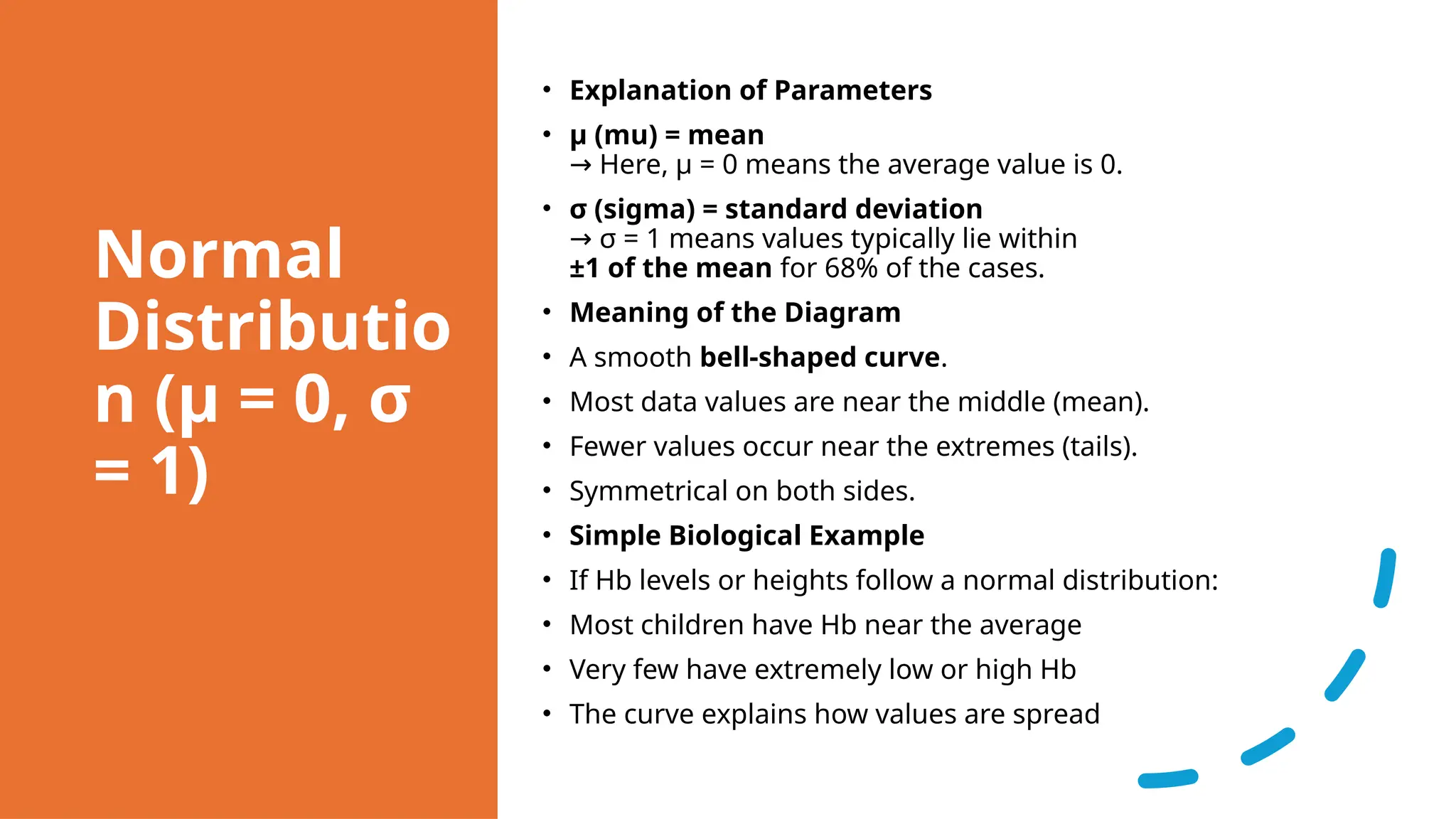 Normal
Distributio
n (μ = 0, σ
= 1)
• Explanation of Parameters
• μ (mu) = mean
Here, μ = 0 means the average value is 0.
→
• σ (sigma) = standard deviation
σ = 1 means values typically lie within
→
±1 of the mean for 68% of the cases.
• Meaning of the Diagram
• A smooth bell-shaped curve.
• Most data values are near the middle (mean).
• Fewer values occur near the extremes (tails).
• Symmetrical on both sides.
• Simple Biological Example
• If Hb levels or heights follow a normal distribution:
• Most children have Hb near the average
• Very few have extremely low or high Hb
• The curve explains how values are spread
 