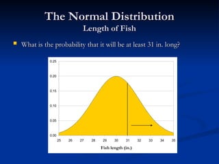 The Normal Distribution
The Normal Distribution
Length of Fish
Length of Fish
 What is the probability that it will be at least 31 in. long?
What is the probability that it will be at least 31 in. long?
0.00
0.05
0.10
0.15
0.20
0.25
25 26 27 28 29 30 31 32 33 34 35
Fish length (in.)
 