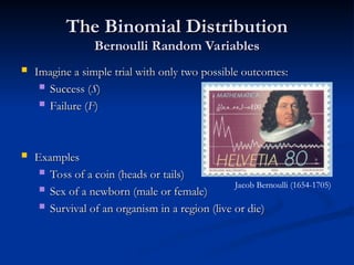 The Binomial Distribution
The Binomial Distribution
Bernoulli Random Variables
Bernoulli Random Variables
 Imagine a simple trial with only two possible outcomes:
Imagine a simple trial with only two possible outcomes:
 Success (
Success (S
S)
)
 Failure (
Failure (F
F)
)
 Examples
Examples
 Toss of a coin (heads or tails)
Toss of a coin (heads or tails)
 Sex of a newborn (male or female)
Sex of a newborn (male or female)
 Survival of an organism in a region (live or die)
Survival of an organism in a region (live or die)
Jacob Bernoulli (1654-1705)
 