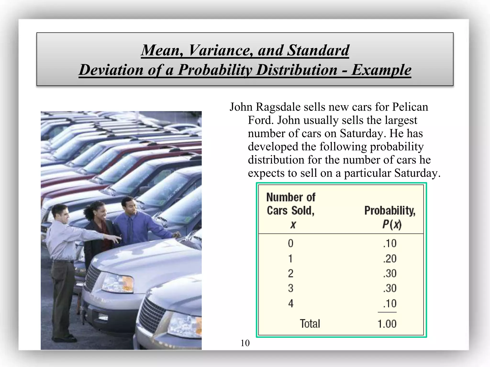 10
Mean, Variance, and Standard
Deviation of a Probability Distribution - Example
John Ragsdale sells new cars for Pelican
Ford. John usually sells the largest
number of cars on Saturday. He has
developed the following probability
distribution for the number of cars he
expects to sell on a particular Saturday.
 