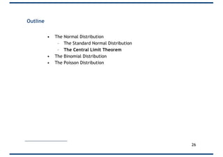 Outline
• The Normal Distribution
– The Standard Normal Distribution
– The Central Limit Theorem
• The Binomial Distribution
• The Poisson Distribution
26
 