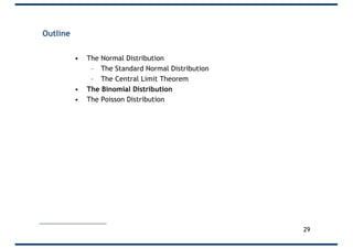 Outline
• The Normal Distribution
– The Standard Normal Distribution
– The Central Limit Theorem
• The Binomial Distribution
• The Poisson Distribution
29
 