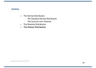 Outline
• The Normal Distribution
– The Standard Normal Distribution
– The Central Limit Theorem
• The Binomial Distribution
• The Poisson Distribution
36
 