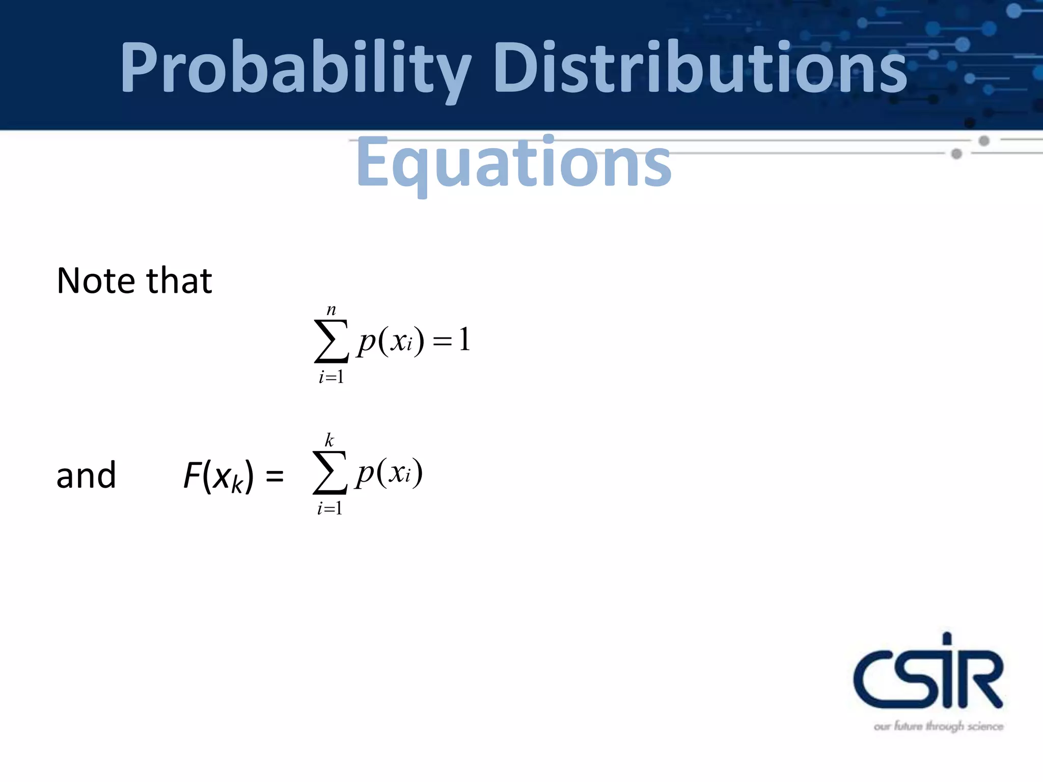 Probability Distributions
Equations
Note that
and F(xk) =
1
( ) 1
n
i
i
p x


1
( )
k
i
i
p x


 