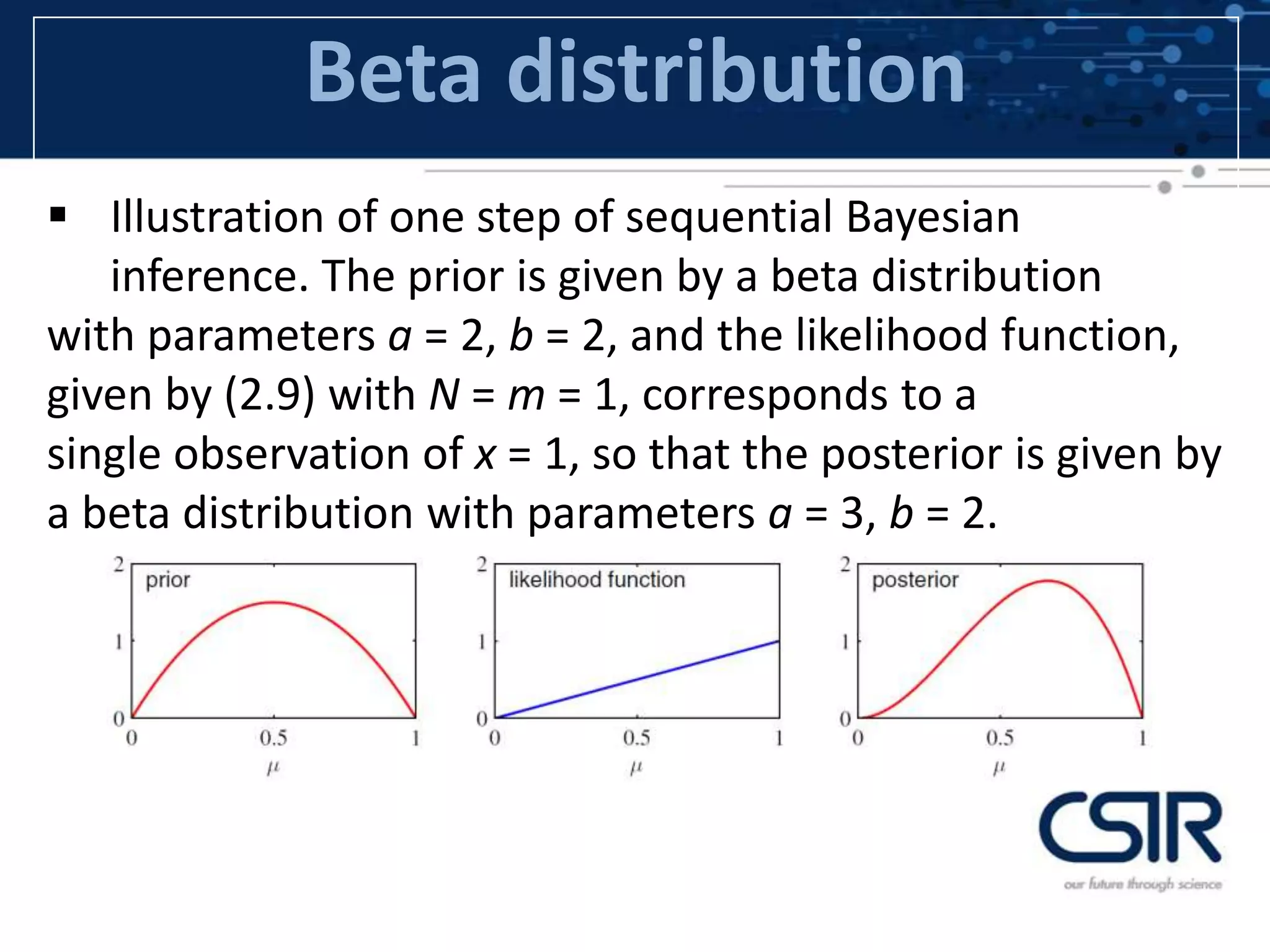 Beta distribution
 Illustration of one step of sequential Bayesian
inference. The prior is given by a beta distribution
with parameters a = 2, b = 2, and the likelihood function,
given by (2.9) with N = m = 1, corresponds to a
single observation of x = 1, so that the posterior is given by
a beta distribution with parameters a = 3, b = 2.
 