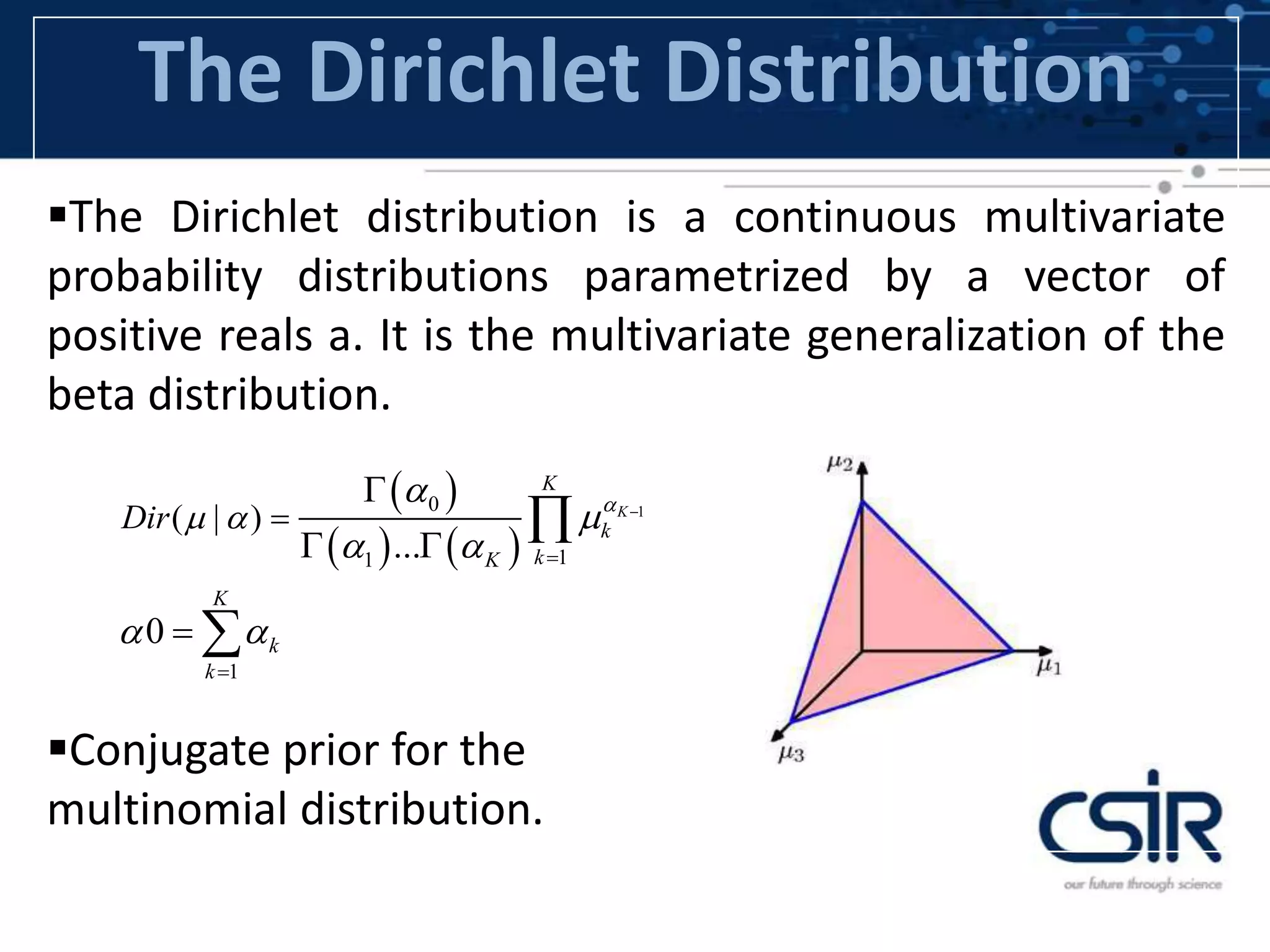 The Dirichlet Distribution
The Dirichlet distribution is a continuous multivariate
probability distributions parametrized by a vector of
positive reals a. It is the multivariate generalization of the
beta distribution.
Conjugate prior for the
multinomial distribution.
 
   
10
11
1
( | )
...
0
K
K
k
kK
K
k
k
Dir 
 


 
 





 



 
