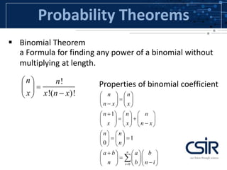Probability Theorems
 Binomial Theorem
a Formula for finding any power of a binomial without
multiplying at length.
Properties of binomial coefficient!
!( )!
n n
x x n x

 
 
 
0
1
1
0
n
i
n n
n x x
n n n
x x n x
n n
n
a b a b
n b n i


   
   
   
     
     
     
   
    
   
    
    
    

 