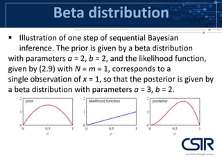 Beta distribution
 Illustration of one step of sequential Bayesian
inference. The prior is given by a beta distribution
with parameters a = 2, b = 2, and the likelihood function,
given by (2.9) with N = m = 1, corresponds to a
single observation of x = 1, so that the posterior is given by
a beta distribution with parameters a = 3, b = 2.
 