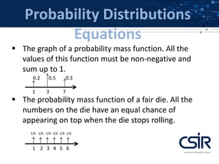 Probability Distributions
Equations
 The graph of a probability mass function. All the
values of this function must be non-negative and
sum up to 1.
 The probability mass function of a fair die. All the
numbers on the die have an equal chance of
appearing on top when the die stops rolling.
1 3 7
0.2 0.5 0.3
1 2 3 4 5 6
1/6 1/6 1/6 1/6 1/6 1/6
 