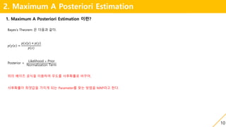 10
1. Maximum A Posteriori Estimation 이란?
2. Maximum A Posteriori Estimation
Bayes’s Theorem 은 다음과 같다.
𝑝 𝑦 𝑥 =
𝑝(𝑥|𝑦) × 𝑝(𝑦)
𝑝(𝑥)
Posterior =
Likelihood × Prior
Normalization Term
위의 베이즈 공식을 이용하여 우도를 사후확률로 바꾸어,
사후확률이 최댓값을 가지게 되는 Parameter를 찾는 방법을 MAP라고 한다.
 
