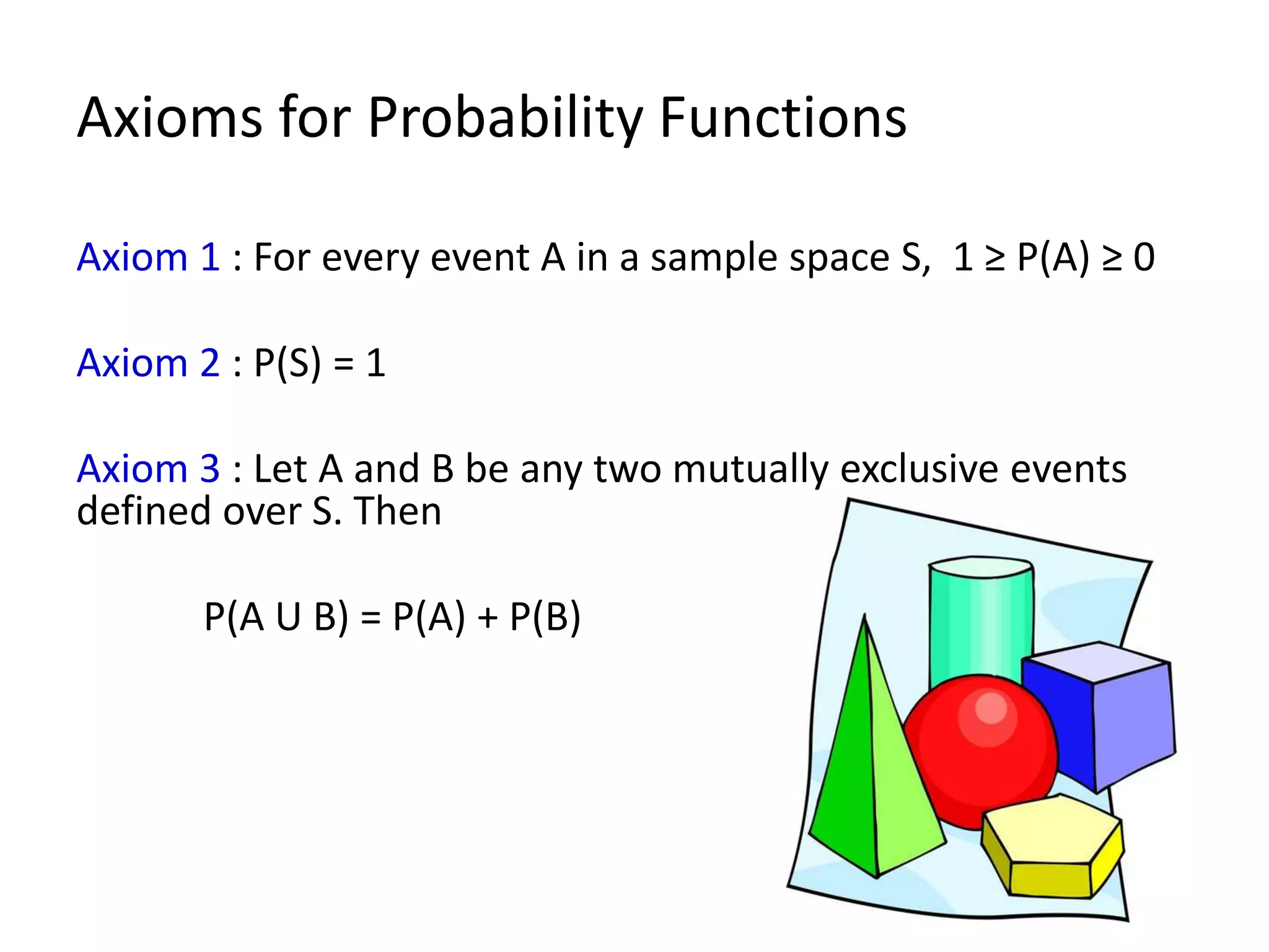 Axioms for Probability Functions

Axiom 1 : For every event A in a sample space S, 1 ≥ P(A) ≥ 0

Axiom 2 : P(S) = 1

Axiom 3 : Let A and B be any two mutually exclusive events
defined over S. Then

       P(A U B) = P(A) + P(B)
 