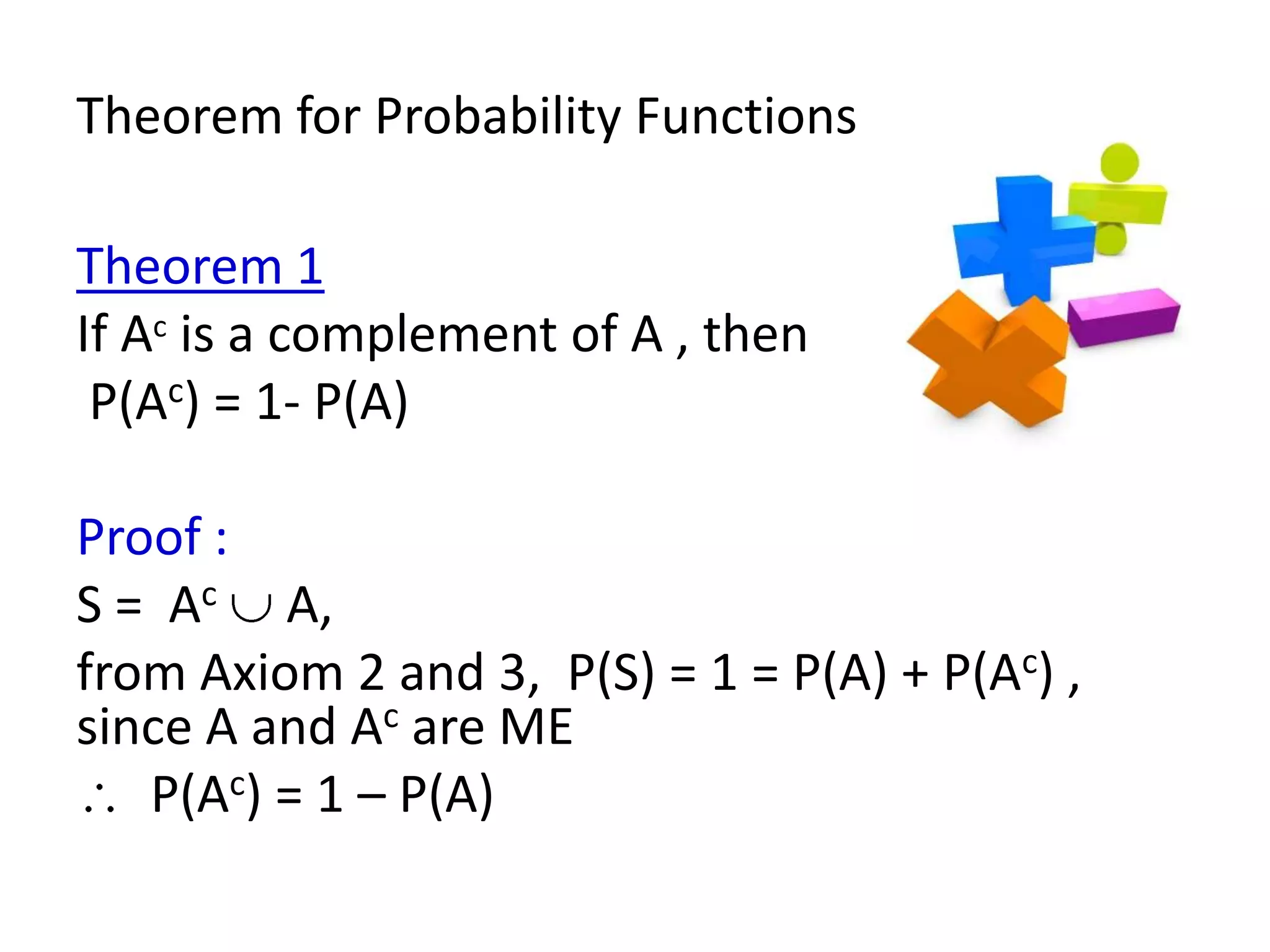 Theorem for Probability Functions

Theorem 1
If Ac is a complement of A , then
 P(Ac) = 1- P(A)

Proof :
S = Ac A,
from Axiom 2 and 3, P(S) = 1 = P(A) + P(Ac) ,
since A and Ac are ME
   P(Ac) = 1 – P(A)
 