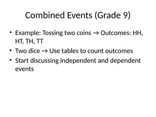Combined Events (Grade 9)
• Example: Tossing two coins → Outcomes: HH,
HT, TH, TT
• Two dice → Use tables to count outcomes
• Start discussing independent and dependent
events
 