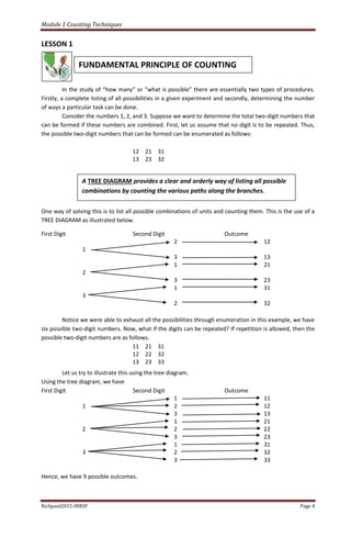 Module 1 Counting Techniques
Richpaul2015-INRSF Page 4
LESSON 1
In the study of “how many” or “what is possible” there are essentially two types of procedures.
Firstly, a complete listing of all possibilities in a given experiment and secondly, determining the number
of ways a particular task can be done.
Consider the numbers 1, 2, and 3. Suppose we want to determine the total two-digit numbers that
can be formed if these numbers are combined. First, let us assume that no digit is to be repeated. Thus,
the possible two-digit numbers that can be formed can be enumerated as follows:
12 21 31
13 23 32
One way of solving this is to list all possible combinations of units and counting them. This is the use of a
TREE DIAGRAM as illustrated below.
First Digit Second Digit Outcome
2 12
1
3 13
1 21
2
3 23
1 31
3
2 32
Notice we were able to exhaust all the possibilities through enumeration in this example, we have
six possible two-digit numbers. Now, what if the digits can be repeated? If repetition is allowed, then the
possible two-digit numbers are as follows.
11 21 31
12 22 32
13 23 33
Let us try to illustrate this using the tree diagram.
Using the tree diagram, we have
First Digit Second Digit Outcome
1 11
1 2 12
3 13
1 21
2 2 22
3 23
1 31
3 2 32
3 33
Hence, we have 9 possible outcomes.
FUNDAMENTAL PRINCIPLE OF COUNTING
A TREE DIAGRAM provides a clear and orderly way of listing all possible
combinations by counting the various paths along the branches.
 