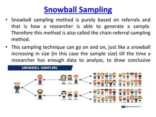 Snowball Sampling
• Snowball sampling method is purely based on referrals and
that is how a researcher is able to generate a sample.
Therefore this method is also called the chain-referral sampling
method.
• This sampling technique can go on and on, just like a snowball
increasing in size (in this case the sample size) till the time a
researcher has enough data to analyze, to draw conclusive
results that can help an organization make informed decisions.
 