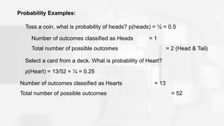 Probability Examples:
Toss a coin, what is probability of heads? p(heads) = ½ = 0.5
Number of outcomes classified as Heads = 1
Total number of possible outcomes = 2 (Head & Tail)
Select a card from a deck. What is probability of Heart?
p(Heart) = 13/52 = ¼ = 0.25
Number of outcomes classified as Hearts = 13
Total number of possible outcomes = 52
 