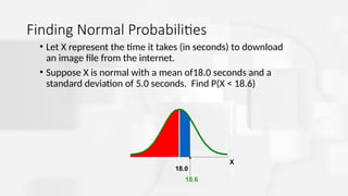 Finding Normal Probabilities
• Let X represent the time it takes (in seconds) to download
an image file from the internet.
• Suppose X is normal with a mean of18.0 seconds and a
standard deviation of 5.0 seconds. Find P(X < 18.6)
18.6
X
18.0
 