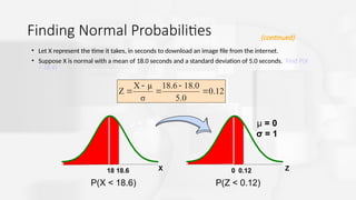 Finding Normal Probabilities
• Let X represent the time it takes, in seconds to download an image file from the internet.
• Suppose X is normal with a mean of 18.0 seconds and a standard deviation of 5.0 seconds. Find P(X
< 18.6)
Z
0.12
0
X
18.6
18
μ = 18
σ = 5
μ = 0
σ = 1
(continued)
0.12
5.0
8.0
1
18.6
σ
μ
X
Z 




P(X < 18.6) P(Z < 0.12)
 